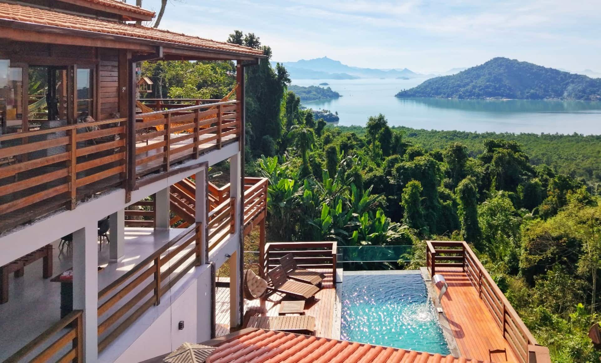 Vista Linda from above — the house, the pool and the bay