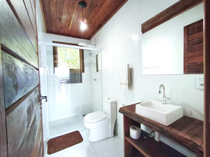 A bathroom in marble and timber